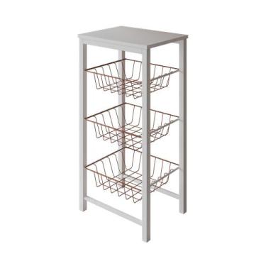 Imagem de Fruteira de Chão Cozinha Montada Aço Branco Cesto Cobre Tampo Branco R