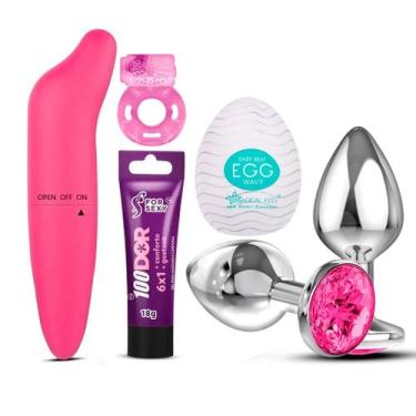 Imagem de Kit Casal Vibrador Ponto G+ Plug Anal + Anel Peniano + Egg Masturbador