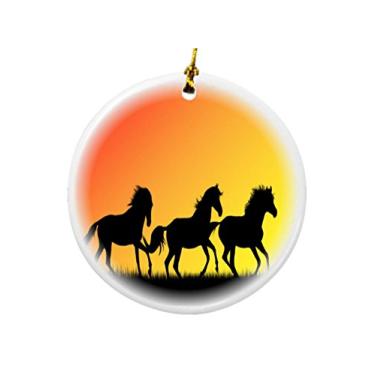 Imagem de Rikki Knight Ornamentos de Natal em dois lados em porcelana redonda design de silhueta de cavalos galopantes