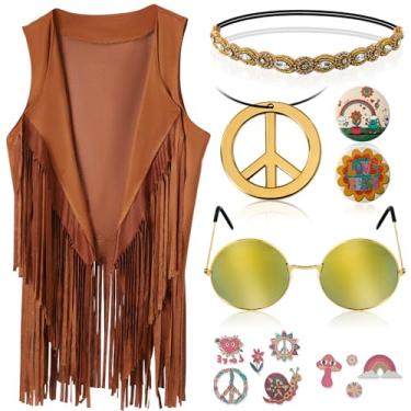 Imagem de Conjunto de roupas femininas hippie dos anos 60 e 70 anos 70, fantasia feminina com franja, colete hippie para Halloween, Colete cáqui, XX-Large