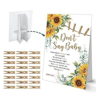 Imagem de Jogo Don't Say Baby Clothespin, jogo de chá de bebê com girassol, um sinal de 20 x 28 cm e 50 mini prendedores de roupa naturais, gênero neutro, decoração de chá de bebê - MJZ48
