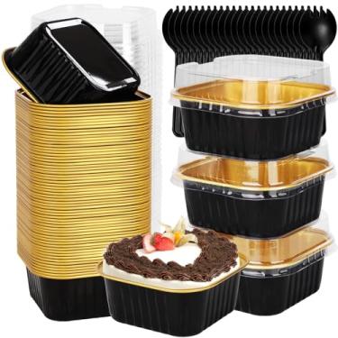 Imagem de Pacote com 60 mini formas de bolo descartáveis de 142 g com tampas, copos quadrados de folha de alumínio, recipientes de bolo pequenos de 3,5 x 8,5 cm com tampas para bolos individuais, preto