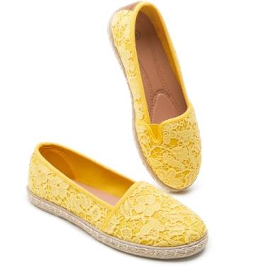 Imagem de BABUDOG Sapatilhas femininas pretas com bordado de flores, sapatilhas de balé de renda branca, sapatilha social confortável, Amarelo, 40