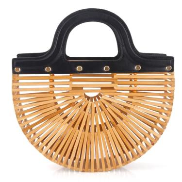 Imagem de Bolsa feminina de bambu feita à mão, bolsa de palha natural para praia, bolsa de bambu, Preto, Small