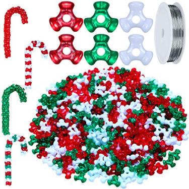 Imagem de Kit de artesanato com enfeites de contas de Natal para enfeites de bengala doce, incluindo contas de plástico de 0,96 polegada e fio de contas para decoração de árvore de Natal (1600 peças de três contas)
