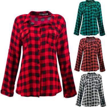 Imagem de Camisa Xadrez Flanelada Manga Longa Sortida Femininacom Bolso na Blusa