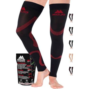 Imagem de Meias de compressão Mojo para homens e mulheres de 20 a 30 mmHg – Meias de compressão até a coxa sem pé para diabéticos, circulação de varizes, inchaço – preta/vermelha, média – A609