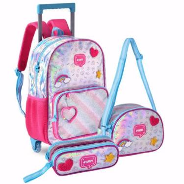 Imagem de Mochila Rodinha Holográfica Feminina Com Estojo e Lancheira - Clio