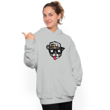 Imagem de Moletom feminino estampado ganguru flanelado com capuz urso bone bolad