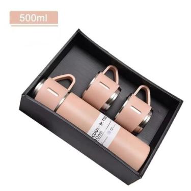 Imagem de Kit Garrafa Térmica Vacuum 500ml Com 3 Xícaras - Flask, Rosa