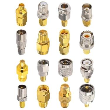 Imagem de Kaunosta Conjunto de adaptador SMA 16 peças, kit de conectores FPV, cabo adaptador de antena para SMA/MCX/TV/F/N/BNC/UHF/RPSMA, conector coaxial RF banhado a ouro niquelado