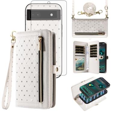 Imagem de Asuwish Capa de celular para Google Pixel 6A 5G 2022 com zíper carteira magnética destacável com protetor de tela de vidro temperado, alça transversal, flip brilhante, porta-cartão de crédito, Pixel6A