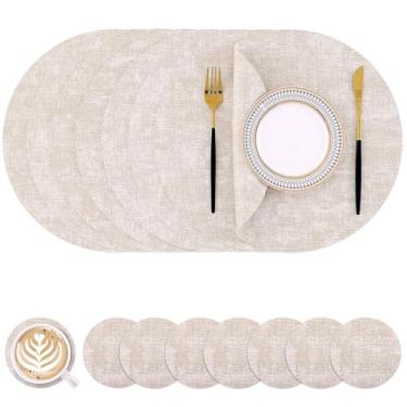 Imagem de Homaxy Jogo americano e porta-copos redondos de couro sintético, tapetes de mesa laváveis de dois lados, tapetes de jantar resistentes ao calor limpáveis para ambientes externos e internos, conjunto