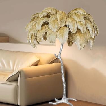 Imagem de Luminária de pé de resina, luminária de chão de penas de avestruz natural, lâmpada de decoração de quarto e sala de estar moderna com corpo de lâmpada prateada, lâmpada LED regulável