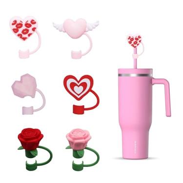 Imagem de 6 capas fofas de palha de silicone para Dia dos Namorados para copo Stanley de 10 mm coração e flor - Topper de palha rosa (001)