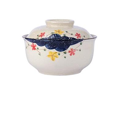 Imagem de LLPUSLUO Tigela de ramen de cerâmica retrô de 16,5 cm com tampa, estilo japonês para sala de sopa de mingau de arroz com macarrão (16,5 cm, B)