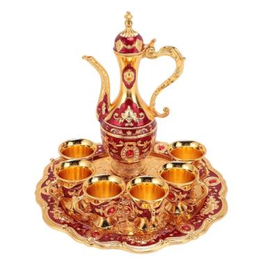 Imagem de Conjunto de Pote de café Em Liga Metálica Com 6 Copos, Artesanato Em Relevo Requintado, Boa Decoração para Casamento, Aniversário, Vintage, Zinco Europeu (Ouro Vermelho)