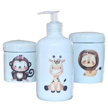 Imagem de Kit higiene bebê Safari 3 peças - potes e porta álcool - Peças Porcela