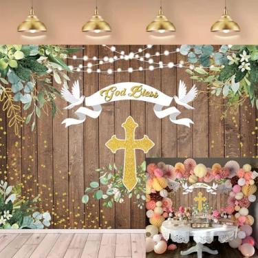 Imagem de Fundo de madeira rústica God Bless First Holy Communion Baptism Baby Shower Holy Dove Photography Background Eucalyptus Leaves Golden Cross Party Decor Supplies 19 x 1,5 m