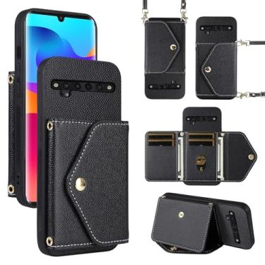 Imagem de Dibosom Capa carteira minimalista para TCL 10 Pro com alça de ombro, carteira fina e fina, suporte de cartão de crédito de couro PU, acessórios para celular TCL 10 Plus TCL10Pro TLC 10Pro T799B preta