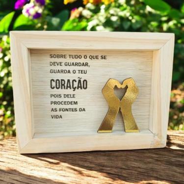 Imagem de Quadro Mini De Mesa Madeira Natural Placa Decorativa Coração - medeiro