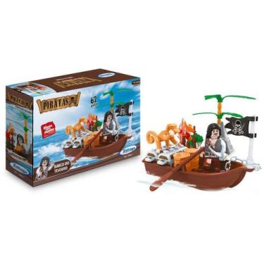 Imagem de Brinquedo para Montar Piratas Barco do Tesouro 62pçs 05087  Xalingo