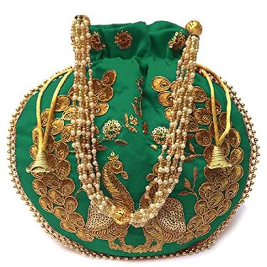 Imagem de IGH Lote por atacado | Bolsa clutch bordada feita à mão bolsa Potli bolsa com cordão bolsa de pavão bordado Potli para lembrancinha de casamento, pacote de 1 peça (verde), Verde, 1