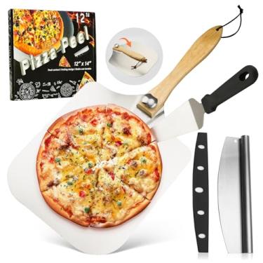 Imagem de Conjunto de espátula de pizza de alumínio, casca de pizza de metal de 30 x 35 cm com cabo de madeira dobrável, espátula de pizza com cortador basculante de 35,5 cm, servidor de pizza, para forno de