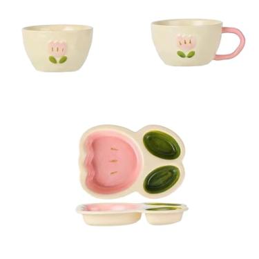 Imagem de Prato de casa de trabalho criativo com personalidade, perda de peso, prato divisória de utensílios de mesa para uma pessoa - conjunto de três peças de prato de tigela - rosa