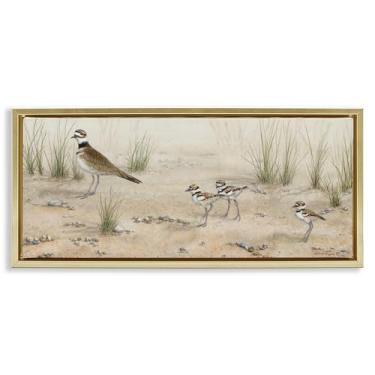 Imagem de Stupell Industries Tela emoldurada Kildeer Birds Stepping Gold Floater Design de arte de parede por Valerie Rogers, 25 x 11