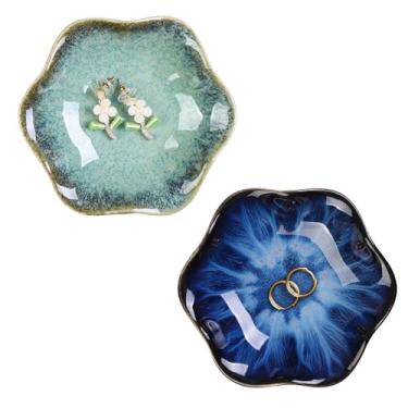Imagem de WHJY Pacote com 2 pratos de joias de cerâmica, suporte de anel de 10 cm para mulheres, bandeja decorativa de flor de lótus para decoração de quarto, armazenamento verde e azul para brinco, colar