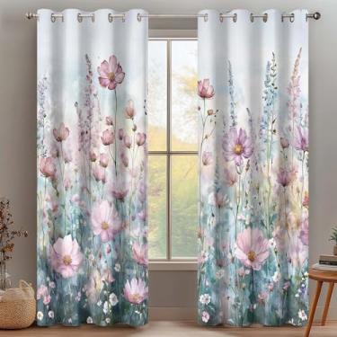 Imagem de Cortinas blecaute floral boho para quarto, cortinas coloridas rosa românticas aquarela com ilhós escurecendo, plantas paisagem natural cortinas de janela escurecendo para sala de estar, 122x84C, 2