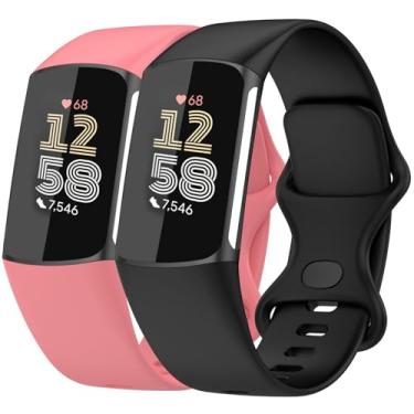 Imagem de Nacorulu Compatível com pulseiras Fitbit Charge 6/Fitbit Charge 5, pulseira de substituição de silicone macio para mulheres e homens, pacote com 2 (areia preta/rosa, pequena (14 cm a 19,8 cm)