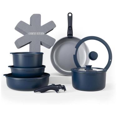 Imagem de Jogo de Panelas e Frigideiras, Material em Alumínio com 16 Peças e Cabo Removível, Country Kitchen, Azul Escuro