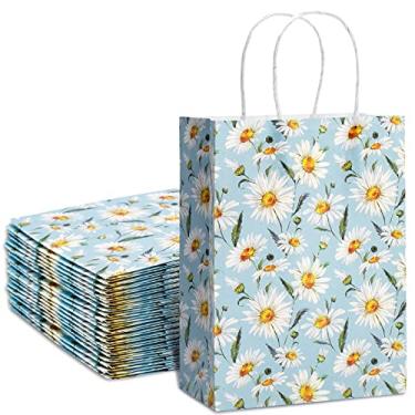 Imagem de AnyDesign 12 peças de sacos de papel margarida azul com alça primavera verão floral sacos de presente aquarela flores doces sacos para lembrancinha de festa casamento aniversário chá de bebê, 15 x 21