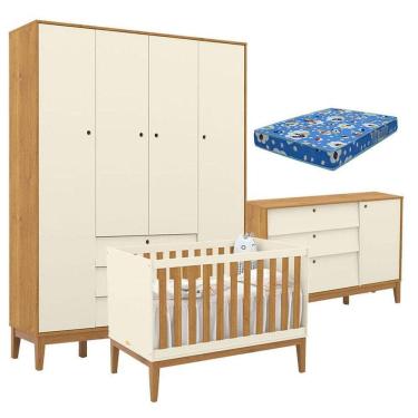 Imagem de Quarto de Bebe Unique 4 Portas com Cômoda Sapateira Off White Freijó Eco Wood e Colchão Ortobom - Matic