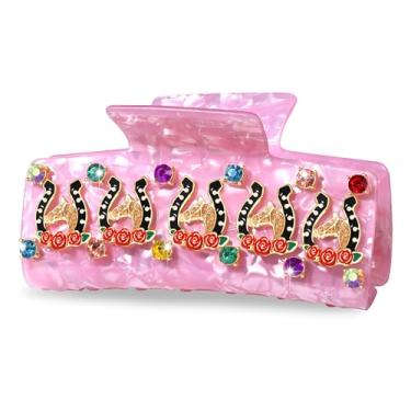 Imagem de PHALIN Grampos de cabelo Kentucky Derby para mulheres, ferradura de cavalo, rosa, presilhas de cabelo grandes rosa quadrado acetato de cristal grampos de cabelo Kentucky Derby acessórios presentes