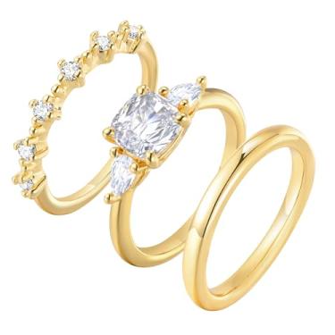 Imagem de Anéis de ouro empilháveis para mulheres – Conjunto de anéis banhados a ouro 14 K, aço inoxidável não manchado, aliança da amizade, aniversário, festa de aniversário, presente de Natal para sua