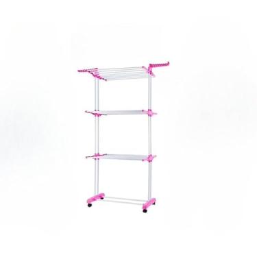 Imagem de Varal De Chão 3 Andares Dobrável Retrátil Aço 4 Rodas，Adequado para varanda doméstica, interior, pode secar roupas, lençóis e outros tecidos(Rosa XL3656)