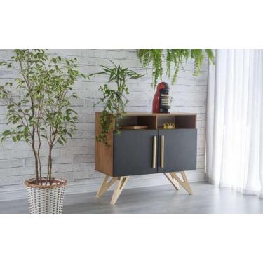 Imagem de Balcão Buffet Mdf Freijó Pés Taeda 2 Portas Com Nicho Preta Retrô Fred