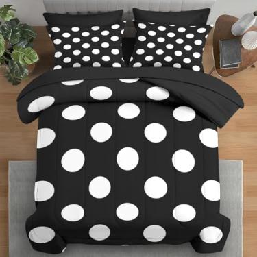 Imagem de Pamnest Jogo de edredom casal, retrô de bolinhas, branco e preto, 7 peças, xadrez geométrico, moderno, com elástico, 2 fronhas e 2 fronhas para decoração de quarto