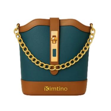 Imagem de Bolsa Transversal Feminina, Alça de Corrente Dourada, Couro Sintético Azul e Caramelo