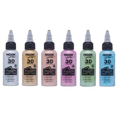 Imagem de Moon Glitter - Tinta de tecido 3D com glitter holográfico - 30 ml - Conjunto de 6 - Tinta têxtil para roupas, camisetas, bolsas, sapatos e telas