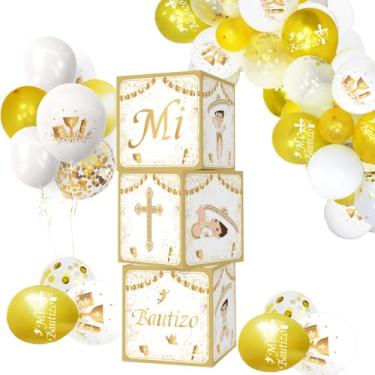Imagem de Mexico Mi Bautizo Boxes Decorations Stereoscopic Gold Mi Bautizo Boy Baptism Boxes With Balloons for Boy God Bless,Baptism Party Decoration Christening Photo Background Baby Boy First Holy Communion Photography Props Table Centerpiece(45Pcs)