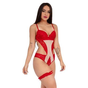 Imagem de Body IMI Lingerie Tule e Renda Transparente Aberto Nas Costas Conjunto