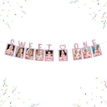 Imagem de Sweet One Banner para fotos de primeiro aniversário para meninas, porta-retratos de papel para chá de bebê, decorações de feliz aniversário, faixa rosa com glitter