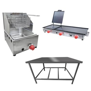 Imagem de Kit Lanchonete Mesa De Manipulação 100x55cm + Fritadeira A Gás 1 Cuba + Chapa A Gás 90cm Alcamar