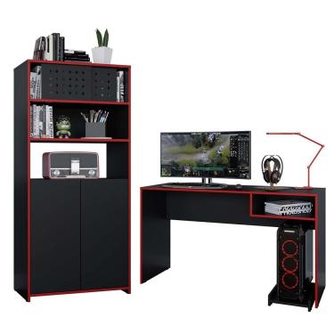 Imagem de Kit Mesa Gamer Armário Alto Escritório Pixel Preto Caemmun