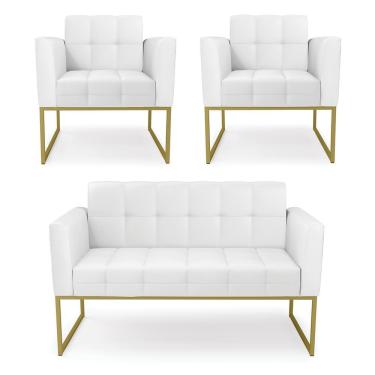 Imagem de Kit 1 Sofá Namoradeira E 2 Poltronas Elisa Corino Branco Base Metálica Industrial Dourado - D'rossi