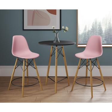 Imagem de Mesa Bistrô Eames Eiffel Preta Com 2 Banquetas Rosas De Madeira